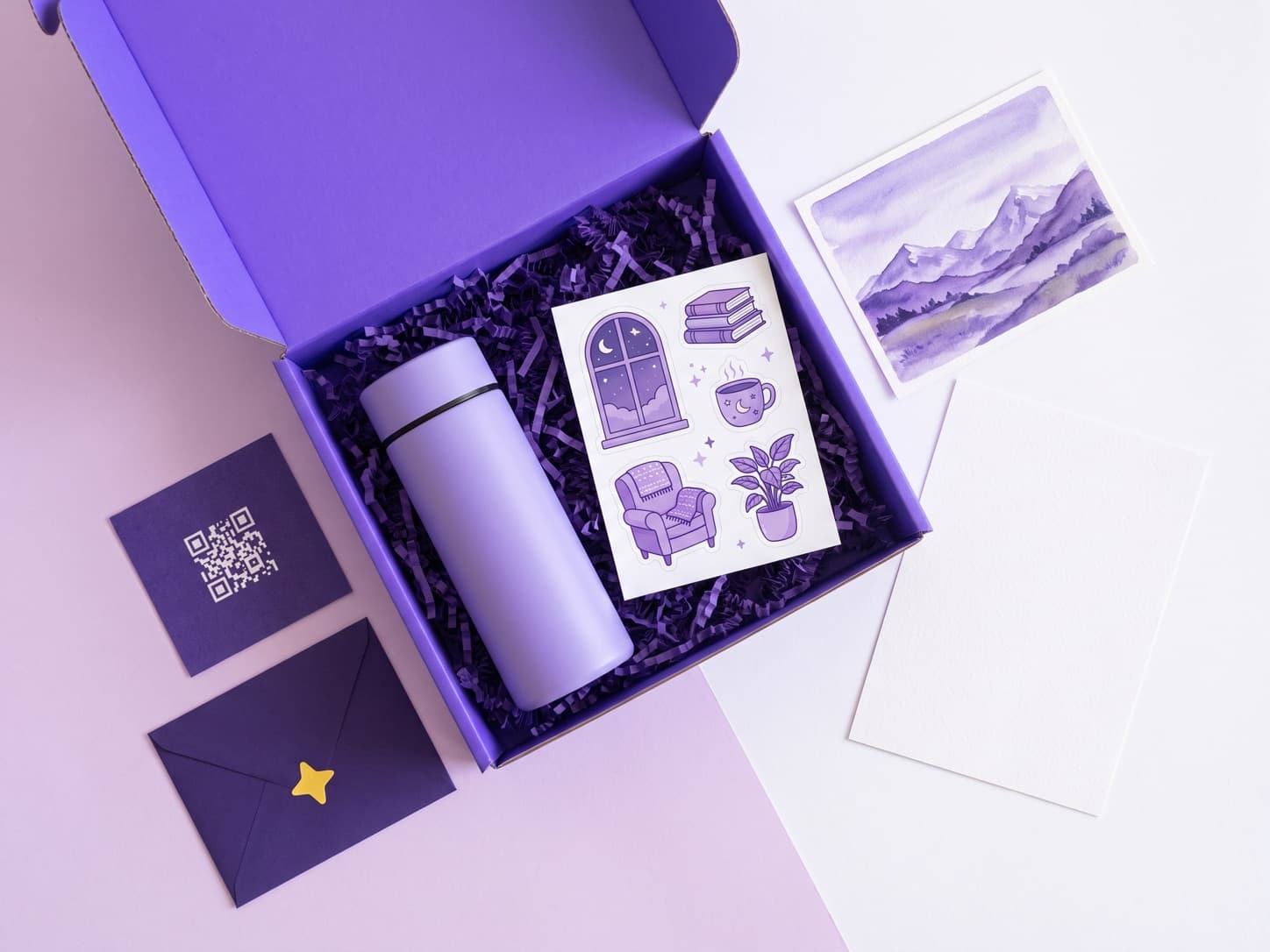 Detalhe da caixa de capítulo com produto, cartela, carta, cartão de QR e envelope colecionável