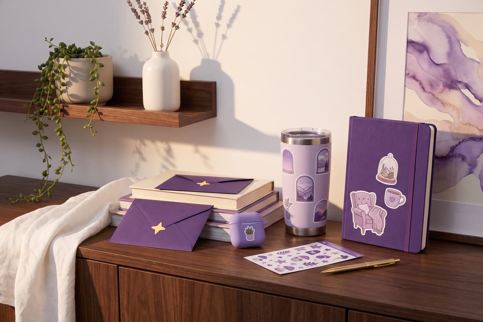 Coleção de copo, caderno, acessório e envelopes personalizados em tons de brand e lilac numa casa contemporânea