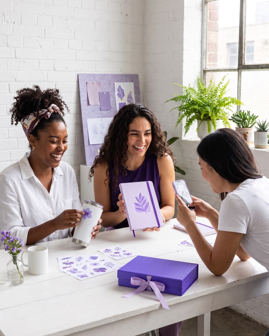 Três mulheres personalizando objetos e fotografando suas criações juntas em uma mesa